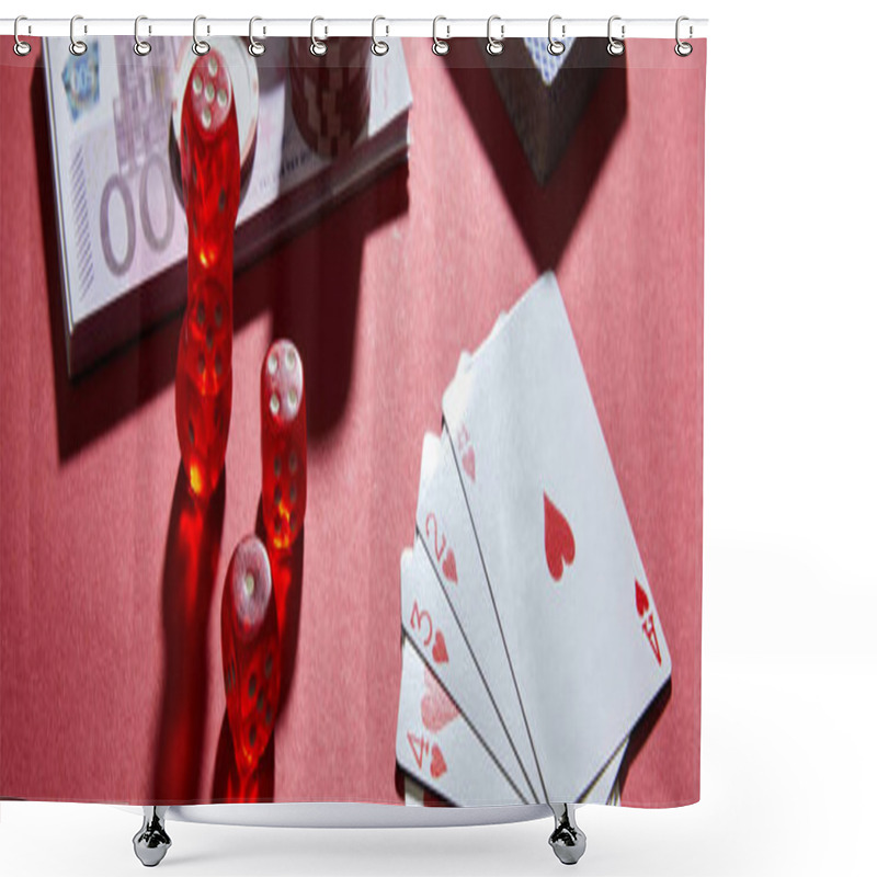 Personality  High Angle View Of Playing Cards, Dice And Money On Red, Panoramic Shot Shower Curtains