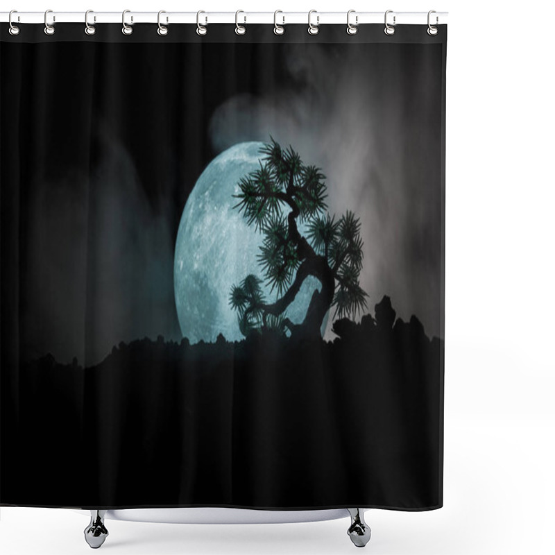 Personality  Silhouette Tree On Full Moon Background. Full Moon Rising Above Japanese Style Tree Against Toned Foggy Sky. Shower Curtains