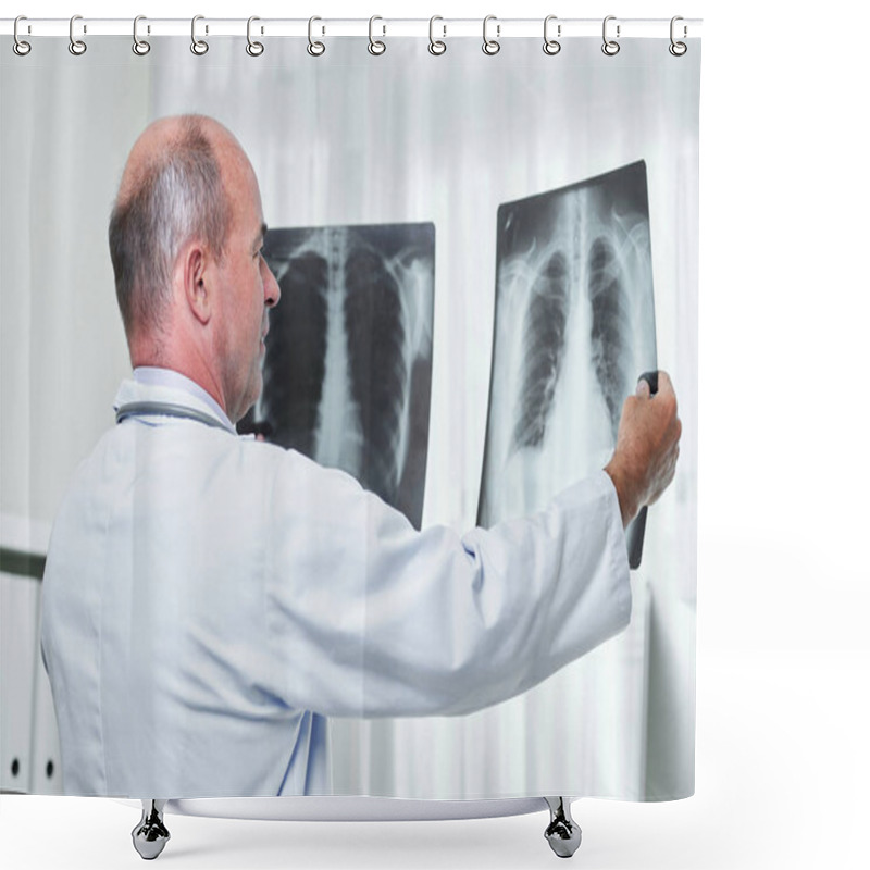 Personality  General Practitioner Comparing Two Chest X-rays Of Patient With Pneumonia Shower Curtains