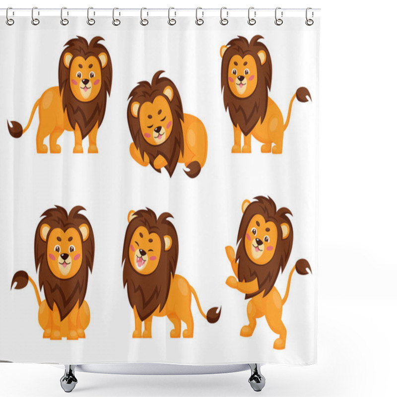 Personality  Set Of Cute Lions In Different Poses. Collection Of Cartoon Lions Isolated On White Background. Flat Vector Illustration Shower Curtains