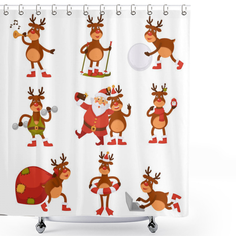 Personality  Christmas Deer And Santa Cartoon Characters Shower Curtains