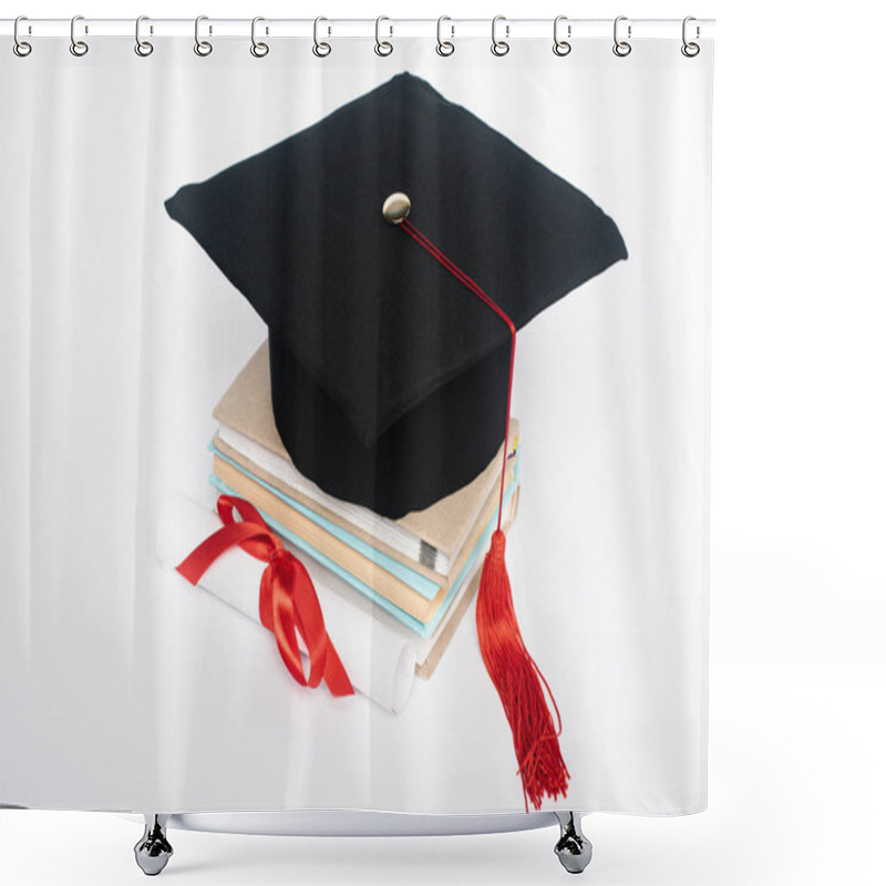 Personality  Black Graduation Cap With Red Tassel On Top Of Books And Diploma With Bow Isolated On White Shower Curtains