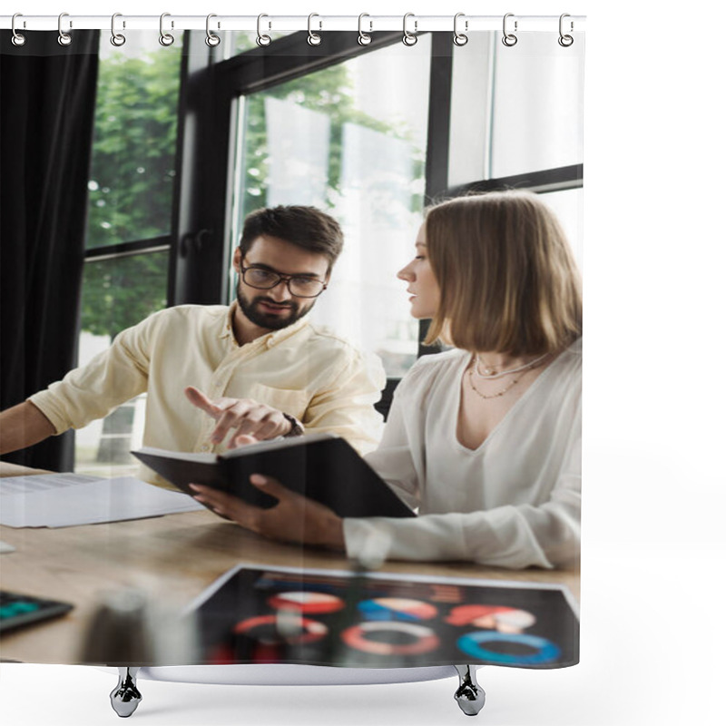 Personality  Businessman Talking And Pointing At Notebook Near Intern And Papers On Table In Office  Shower Curtains