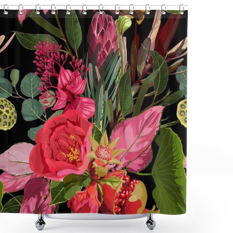 Personality  Seamless Floral Pattern With Pink Red Glossy Protea And Tropical Flowers, Leaves On A Black Background.  Shower Curtains