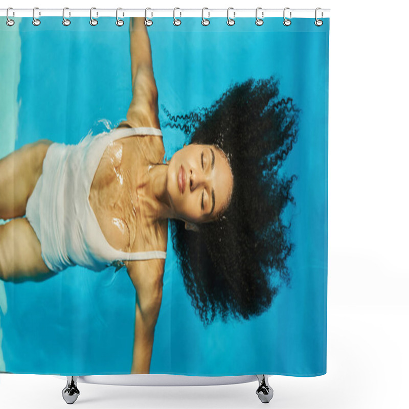 Personality  Top View Of Relaxed African American Woman Swimming On Her Back In Blue Pool Water, Tranquility Shower Curtains