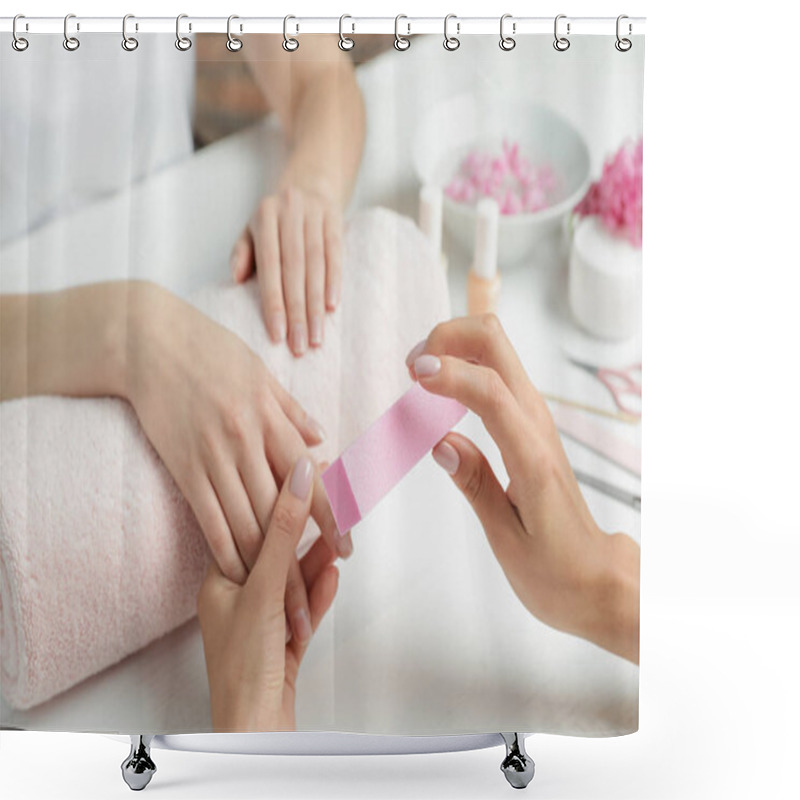 Personality  Manicurist Polishing Client's Nails With Buffer At Table, Closeup. Spa Treatment Shower Curtains