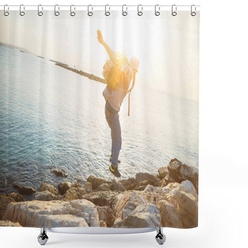 Personality  Brave Man With Backpack Jumping Over Rocks Shower Curtains