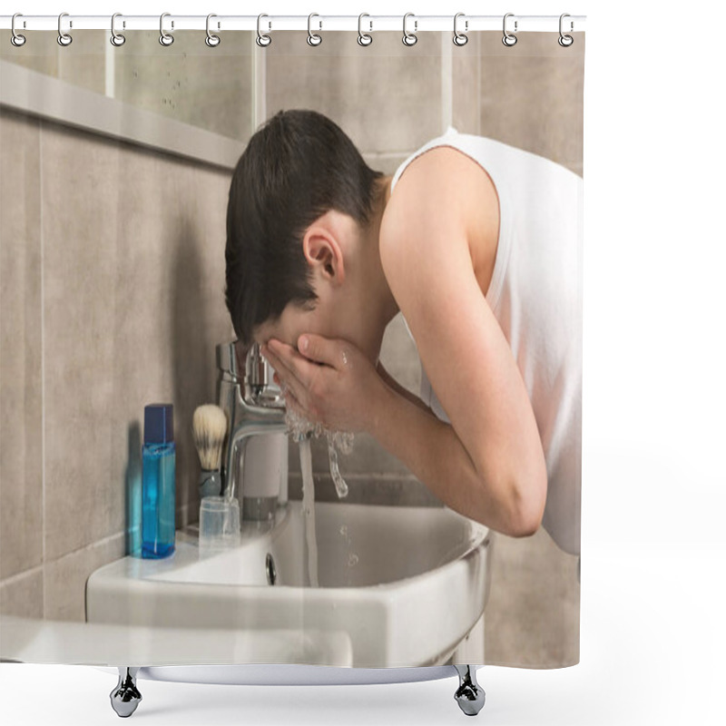 Personality  Preteen Boy Washing Face In Morning In Bathroom Shower Curtains