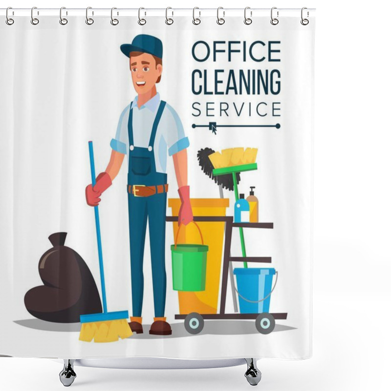 Personality  Office Cleaner Vector. Cleaner And Cleaning Equipment. Sweeper The Floor. Cartoon Character Illustration Shower Curtains