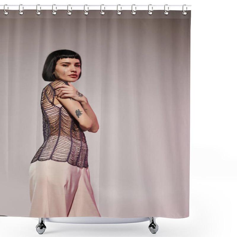 Personality  A Young Woman Showcases Her Tattoos While Wearing Fashionable Clothing. Shower Curtains