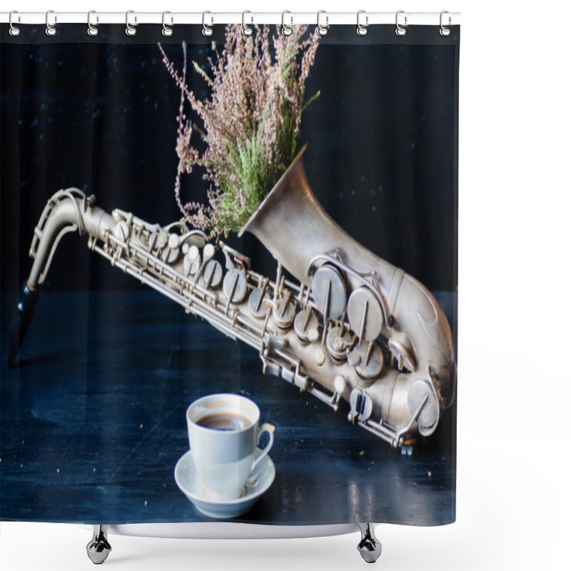 Personality  Romantic Morning With Coffee Cup And Flowers In Saxophone Shower Curtains