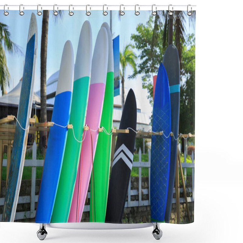 Personality  Row Of Surfboards For Rent Shower Curtains