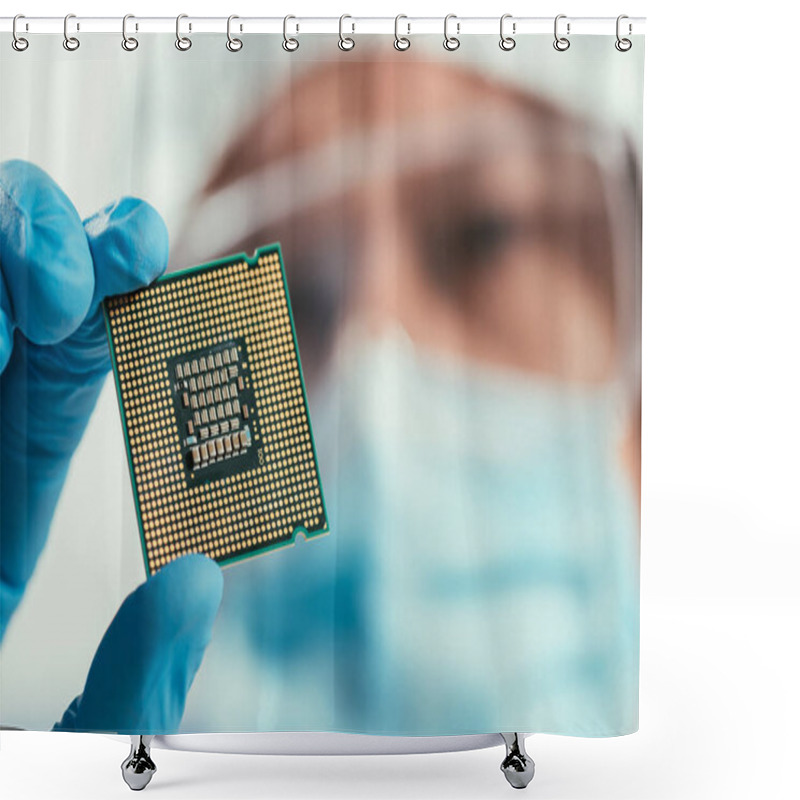 Personality  Selective Focus Of Engineer Holding Computer Microchip Shower Curtains