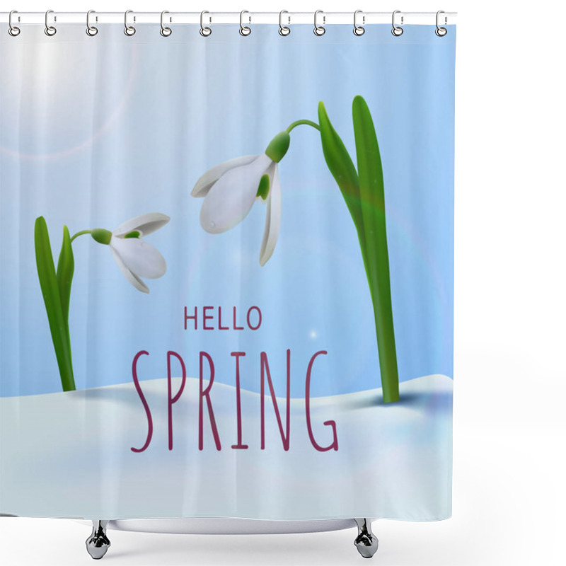 Personality  From Under The Snow Beautiful Snowdrops Grew With Drops On The Leaves. Bright Sun Against The Blue Sky. Hi Spring. Vector Illustration. Shower Curtains