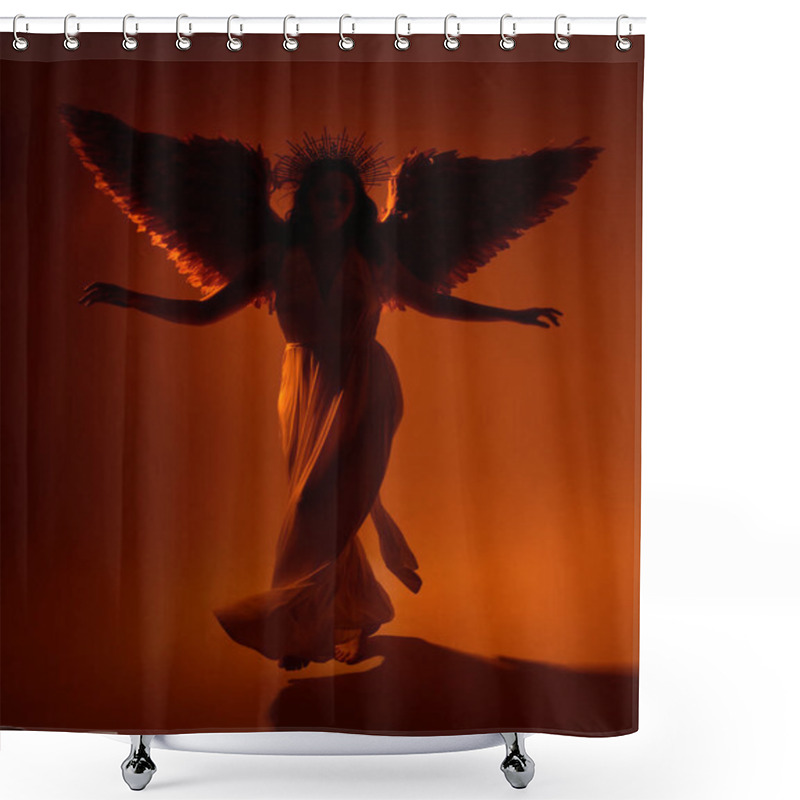 Personality  Portrait Of Beautiful Red Head Woman Wearing Long Flowing Fantasy Toga Gown With Angelic  Golden Halo Crown On Studio Background Shower Curtains