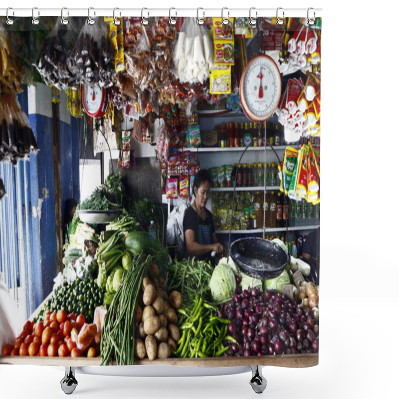 Personality  Assorted Fresh Vegetables On Display At Vegetable Stall At A Public Market.Asia, Asian, Philippines, Filipino, Manila, Antipolo, Rizal, City, Urban, Province, Business, Industry, Shop, Stall, Kiosk, S Shower Curtains