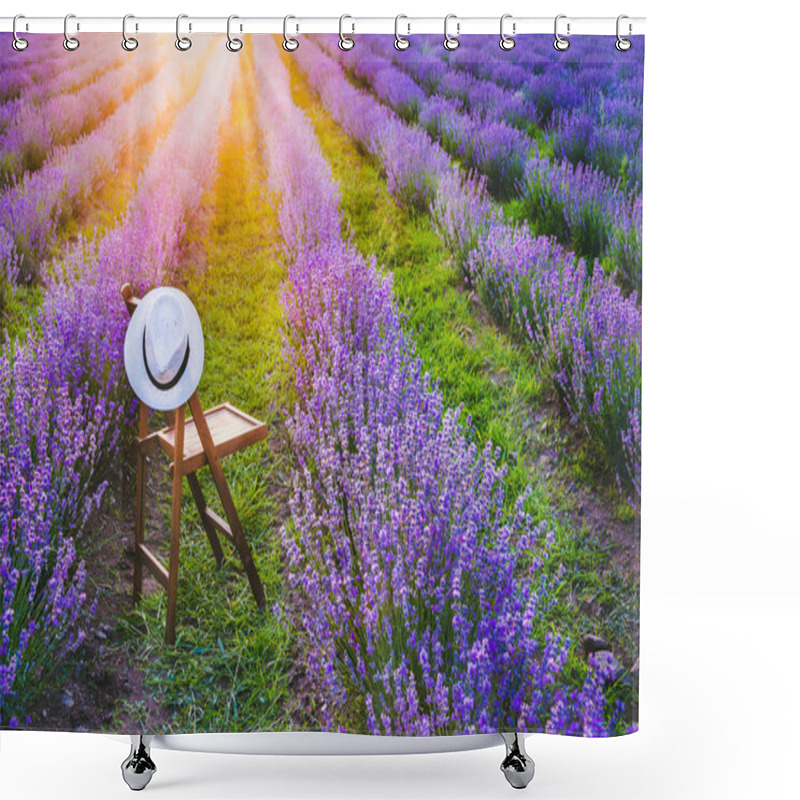 Personality  A Chair With A Hanged Over Hat Between The Blooming Lavender Rows Under The Summer Sunset Rays. Dream And Relax Concept. Shower Curtains