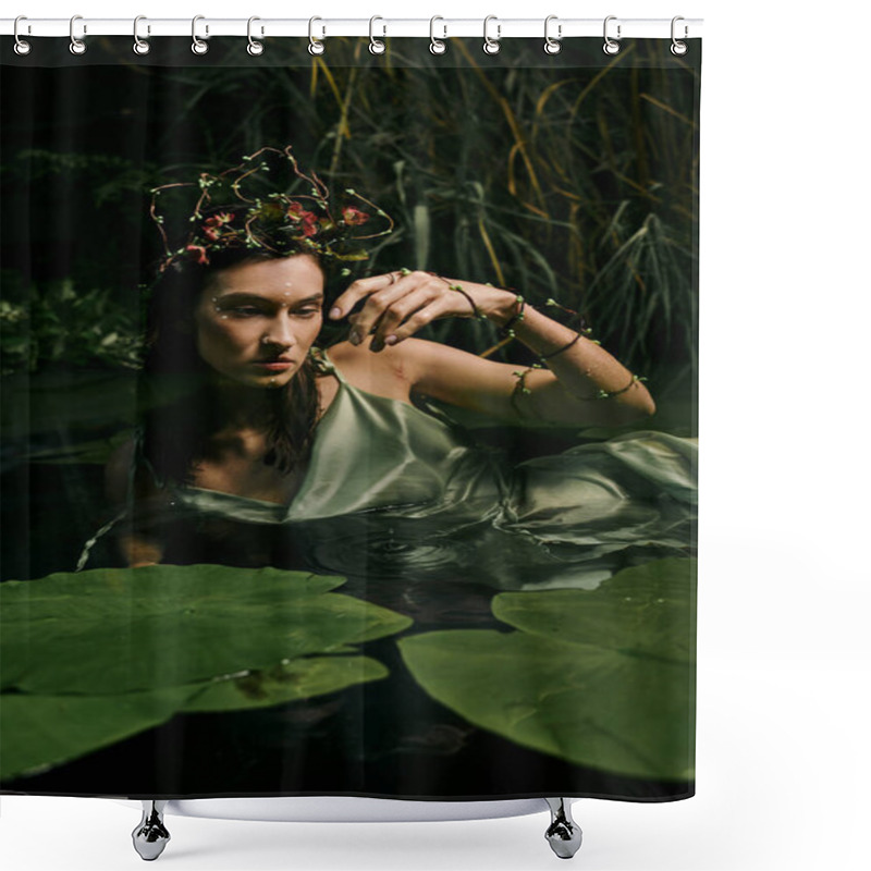 Personality  A Woman In A Flowing Dress Adorned With A Floral Crown, Poses Near A Swamp With Lily Pads. Shower Curtains