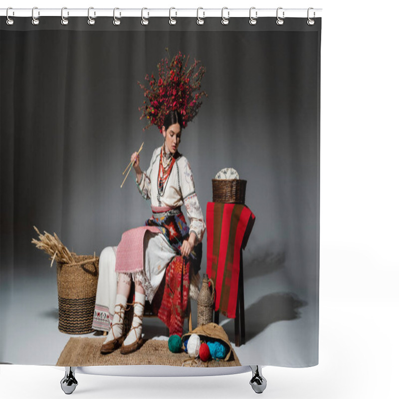 Personality  Full Length Of Young Ukrainian Woman In Traditional Clothes And Red Wreath With Flowers Holding Knitting Needles On Dark Grey Shower Curtains