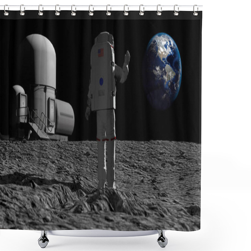 Personality  Astronaut Walking On The Moon And Admiring The Beautiful Earth. CG Animation. Elements Of This Image Furnished By NASA. 3D Rendering Shower Curtains