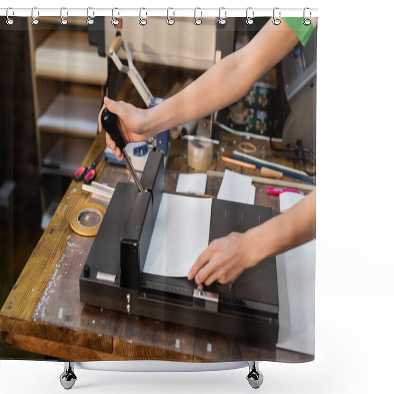 Personality  Cropped View Of Woman Cutting Paper While Using Trimmer In Print Center  Shower Curtains