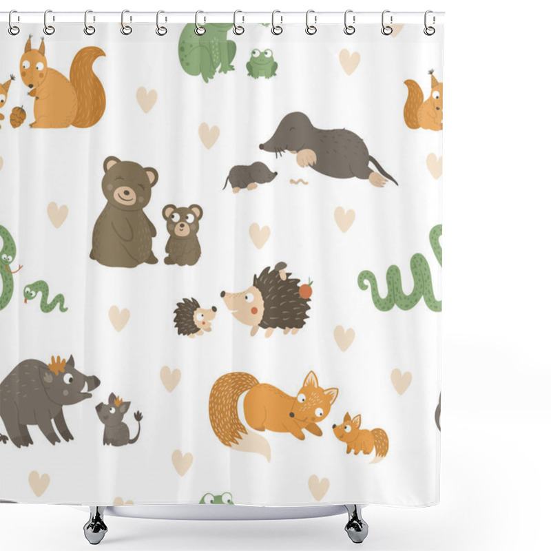 Personality  Vector Seamless Pattern With Baby Animals And Their Parents. Funny Woodland Animal Background Showing Family Love. Cute Forest Animalistic Texture For Mothers Day Shower Curtains