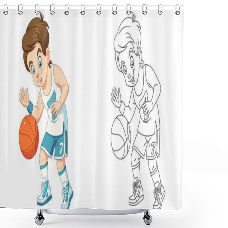 Personality  Coloring Page With Boy Playing Basketball. Line Art Drawing For Kids Activity Coloring Book. Colorful Clip Art. Vector Illustration. Shower Curtains