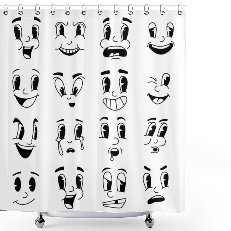 Personality  Retro Cartoon Faces. Fanny Mascot Emotions From Cartoons. 30s 40s 50s Hand Drawn Facial Expressions. Emotional Caricatures With Eyes And Mouths. Vector Unhappy Or Cheerful Smile Set Shower Curtains