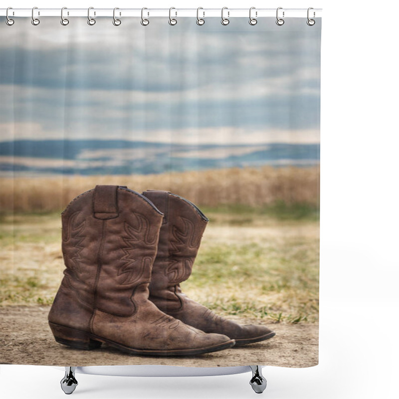 Personality  Cowboy Boot In Rural Scene With Moody Sky. Old Brown Leather Boots Outdoors. Wild West Retro Style Shower Curtains