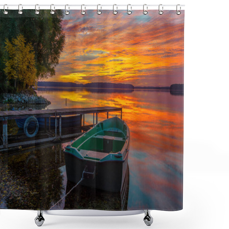 Personality  Boats By The Wooden Bridge Over The Lake During A Beautiful Sunset Shower Curtains