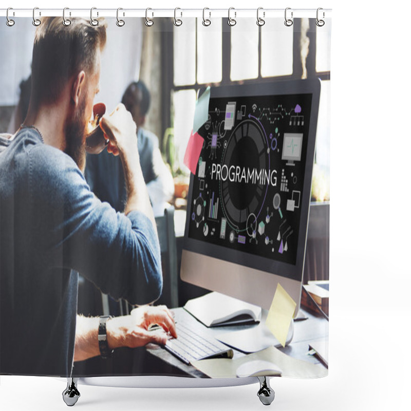 Personality  Man Working With Computer Shower Curtains