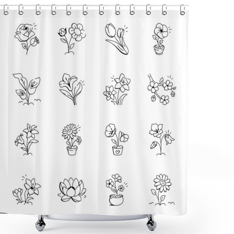 Personality  Collection Of Beautiful Flowers Doodle Icons  Shower Curtains