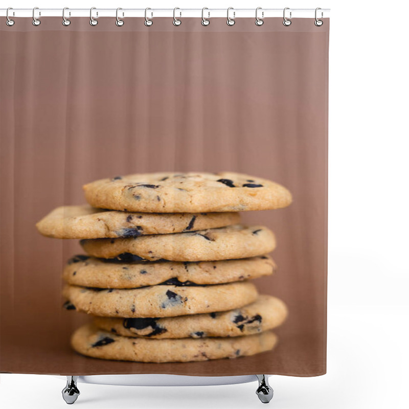 Personality  Close Up View Of Cookies With Chocolate Chips On Brown Background  Shower Curtains