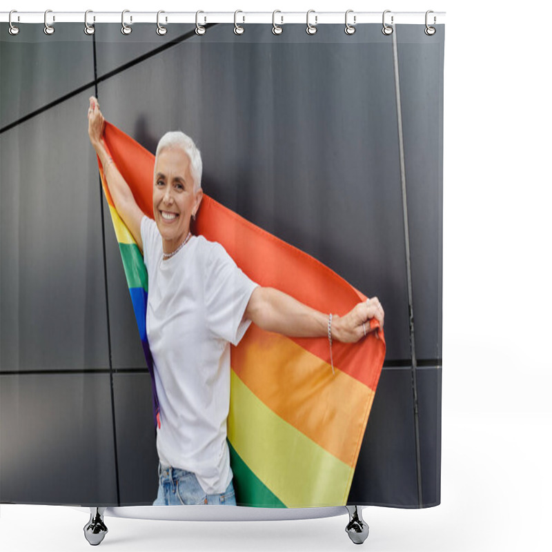 Personality  A Confident Woman Joyfully Embraces A Rainbow Flag In A Modern City Backdrop. Shower Curtains