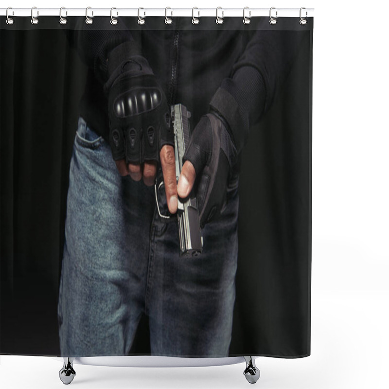 Personality  Cropped View Of African American Bandit In Gloves Holding Gun Isolated On Black  Shower Curtains