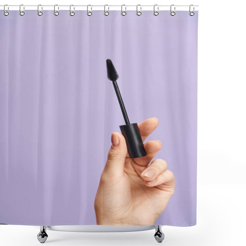 Personality  A Woman Enhances Her Natural Beauty With Black Mascara In Hand. Shower Curtains