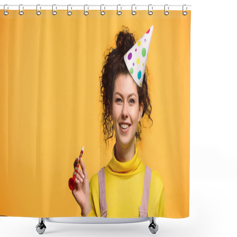 Personality  Joyful Woman Smiling At Camera While Holding Party Horn Isolated On Orange Shower Curtains