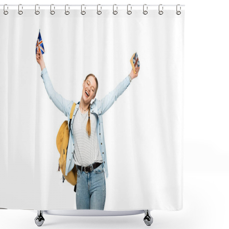 Personality  Happy Student With Backpack Holding Book And British Flag Isolated On White Shower Curtains