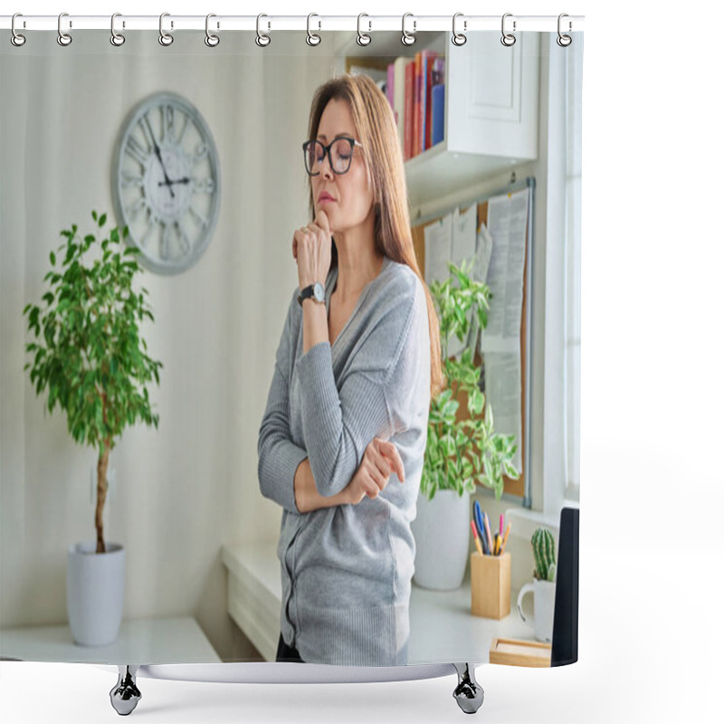 Personality  Middle Aged Unhappy Thoughtful Anxious Tense Suffering Lonely Woman Standing At Home. Physical Mental Health Problems, Fatigue Depression Stress Anxiety Menopause Symptoms, Mature People Concept Shower Curtains