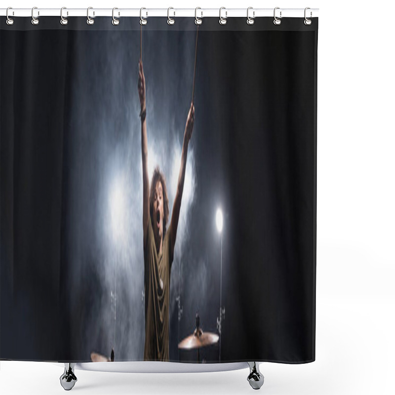 Personality  Excited Curly Musician With Hands In Air Sitting Near Cymbals With Smoke And Backlit On Background, Banner Shower Curtains