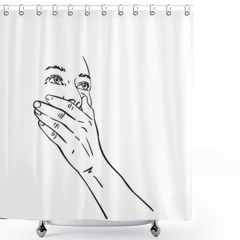 Personality  Young Woman Covered Her Mouth With Hand And Looking Up On Side Vector Sketch, Hand Drawn Line Art Isolated Female Face Emotion, Black And White Drawing Graphics Illustration Shower Curtains