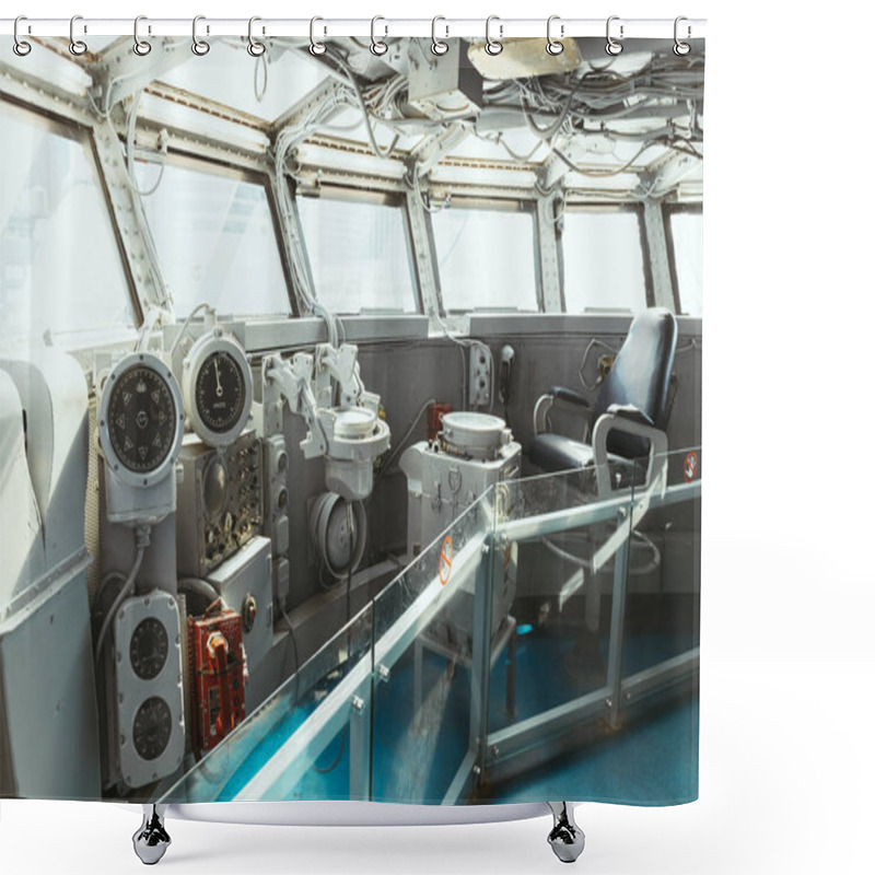 Personality  NEW YORK, USA - OCTOBER 8, 2018: Close Up View Of Empty Captain Chair And Marine Equipment In Ship Shower Curtains