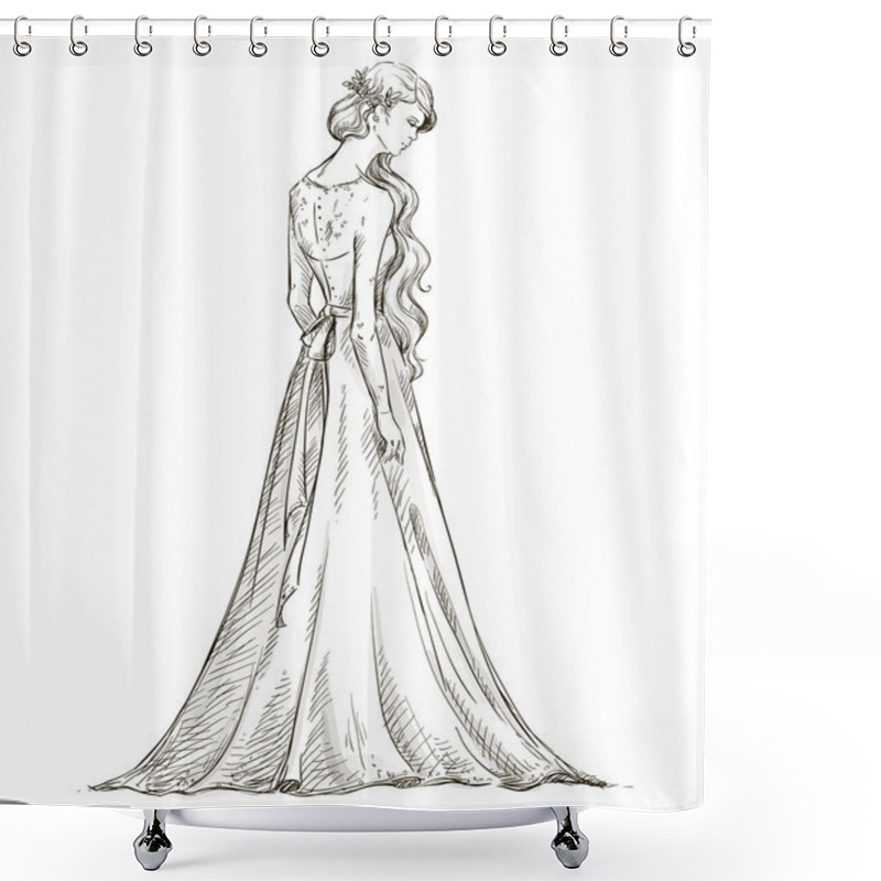 Personality  Beautiful Girl With Long Hair. Bride. Bridal Dress. Hand Drawn. Vector. Shower Curtains