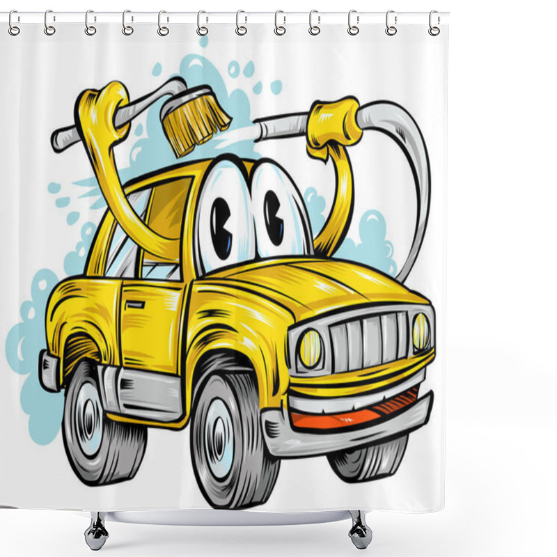 Personality  Cartoon Character Yellow Car Wash. Vector Hand Drawn Illustration Isolated On Transparent Background Shower Curtains