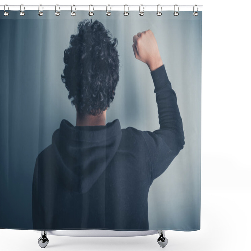 Personality  Man In Hooded Top Raising His Fist Shower Curtains