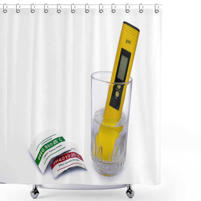 Personality  PH Meter Measuring The PH Of The Water In The Glass On Isolated White Background. Used Solution Solution Packages. Shower Curtains