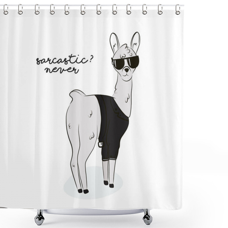 Personality  Sarcastic Llama Illustration. Modern Alpaca In Sunglesses, Bomber With Funny Text Drawing. Scandinavian Style Childish Print Shower Curtains