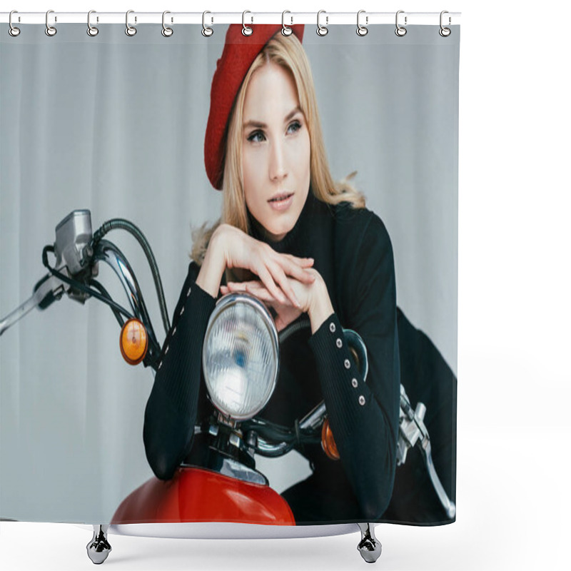 Personality  Fashionable Blonde Girl Standing By Red Scooter Isolated On Grey Shower Curtains