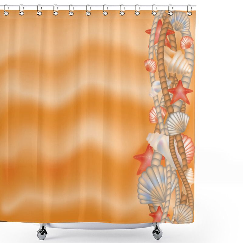 Personality  Seashells And Rope Border On Sand Background Shower Curtains