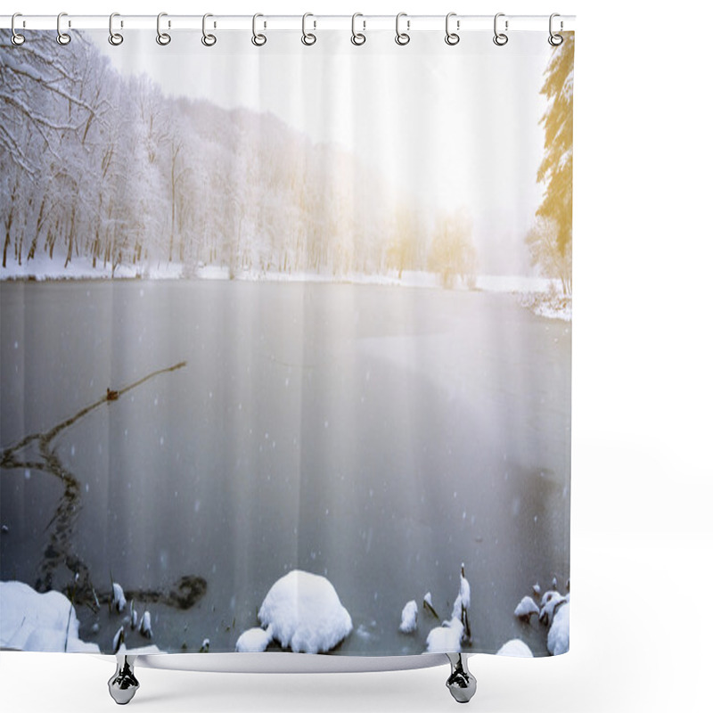 Personality  Winter Landscape With River Or Lake Shower Curtains